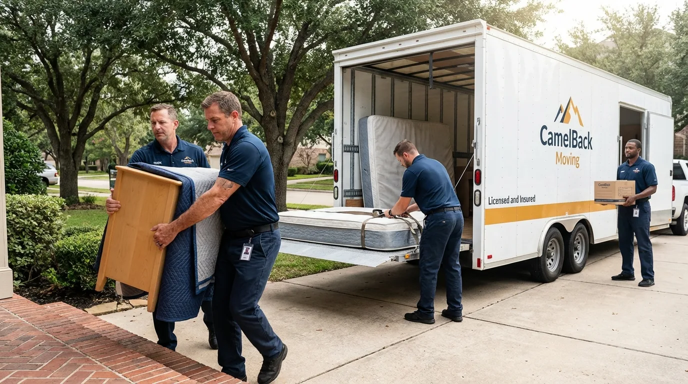 Crew loading residential truck for cross-state move from Elwood, KS