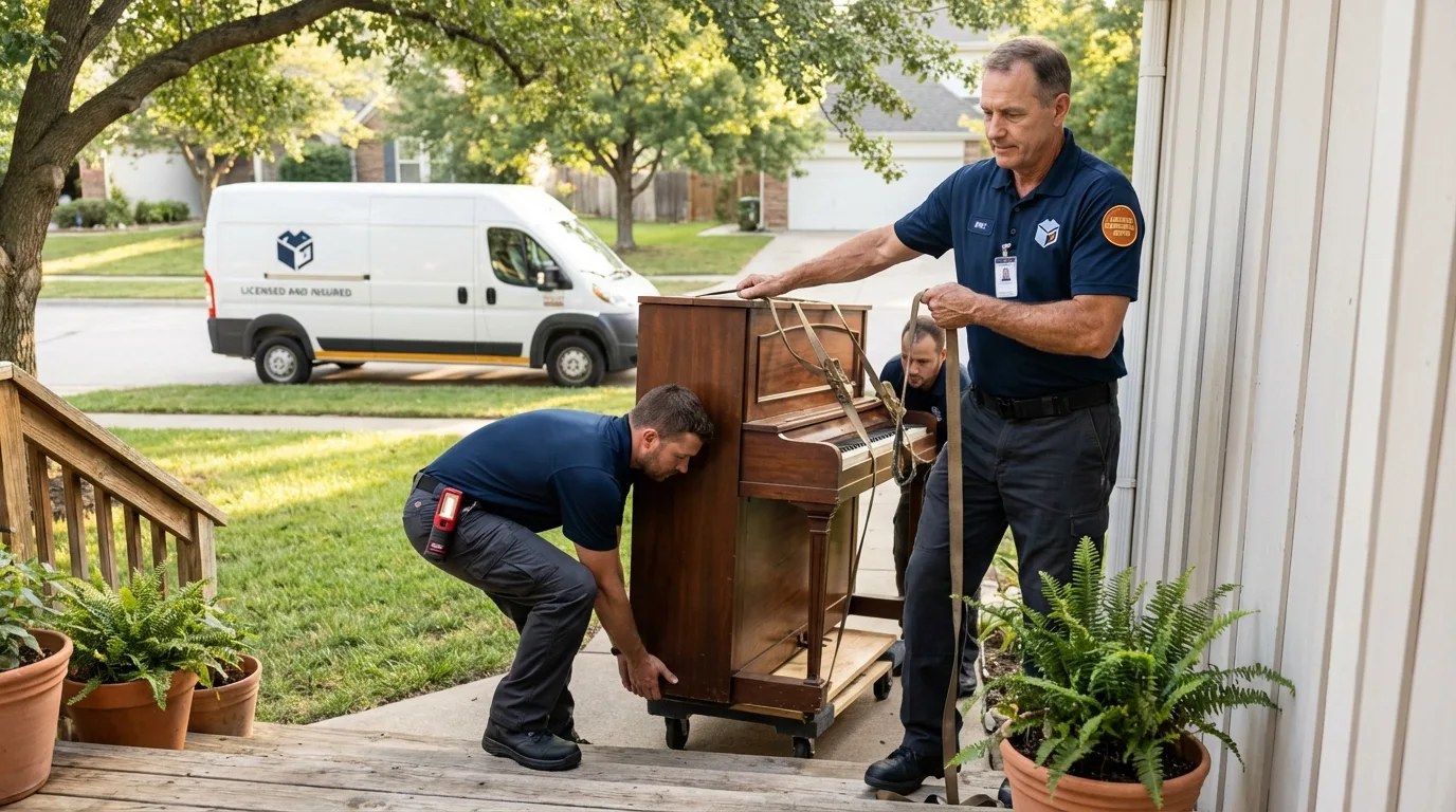Licensed piano movers securing grand piano in Elwood, KS