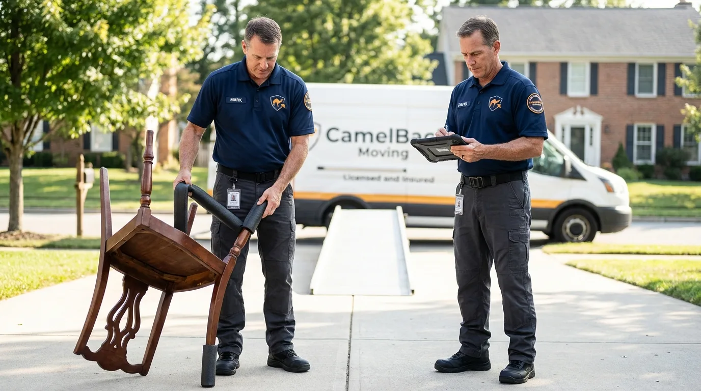 Movers inspecting furniture for damage prevention before loading in Elwood, KS