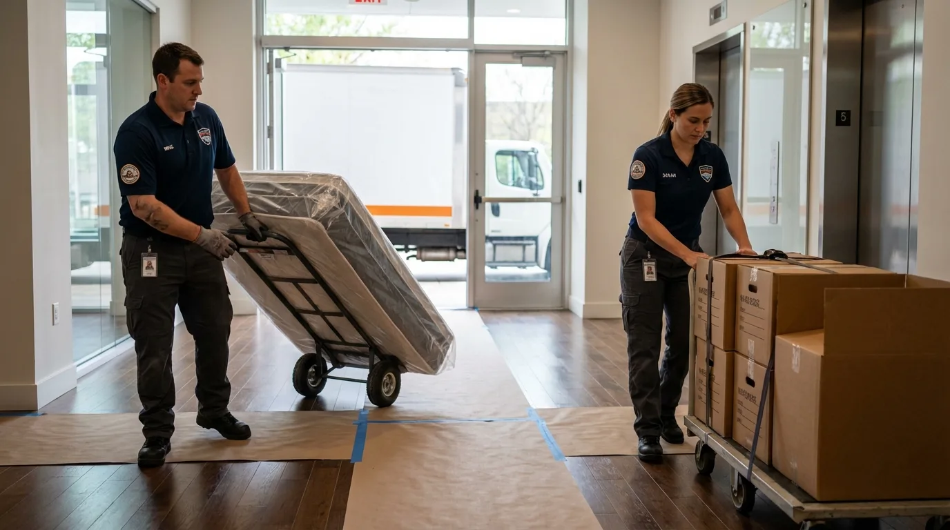Professional apartment movers loading elevator in Elwood, KS