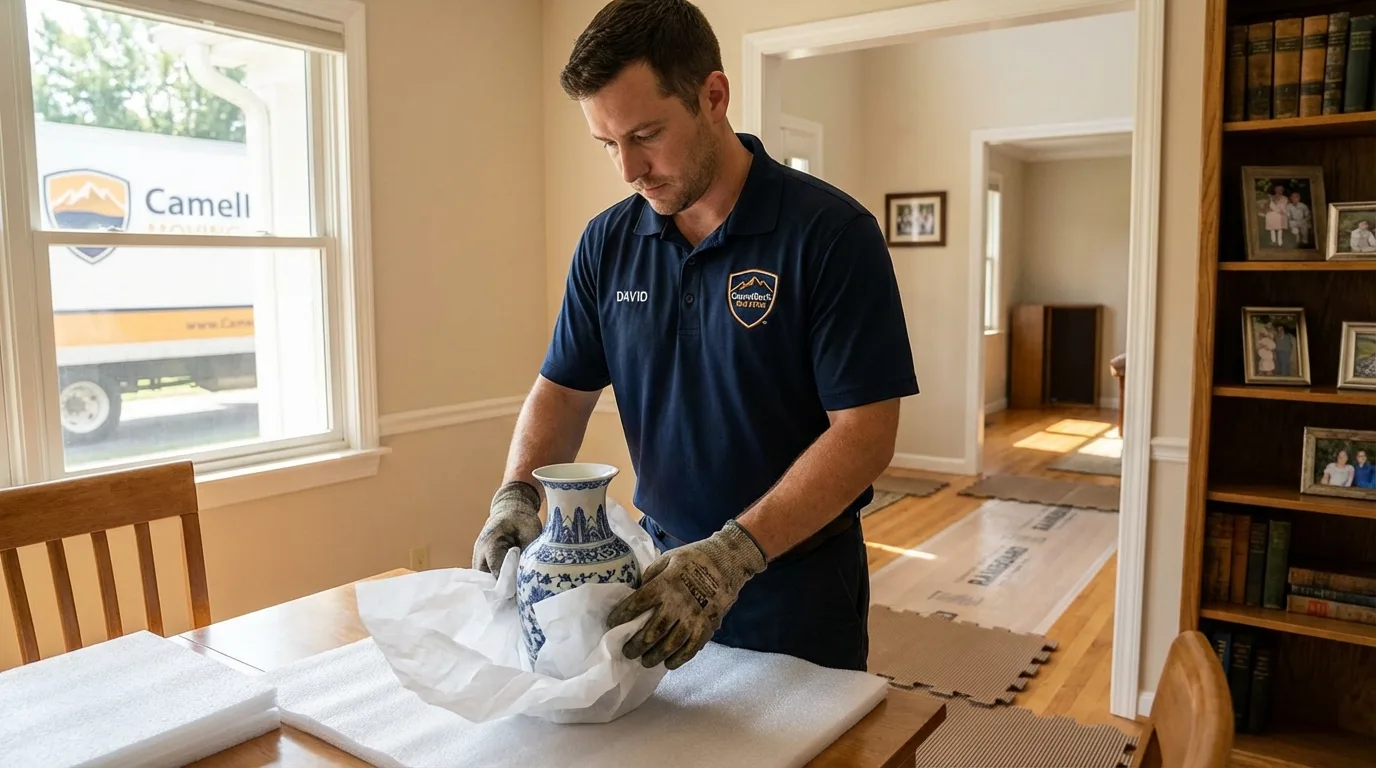 Professional crew carefully wrapping antique vase for senior downsizing move in Elwood, KS