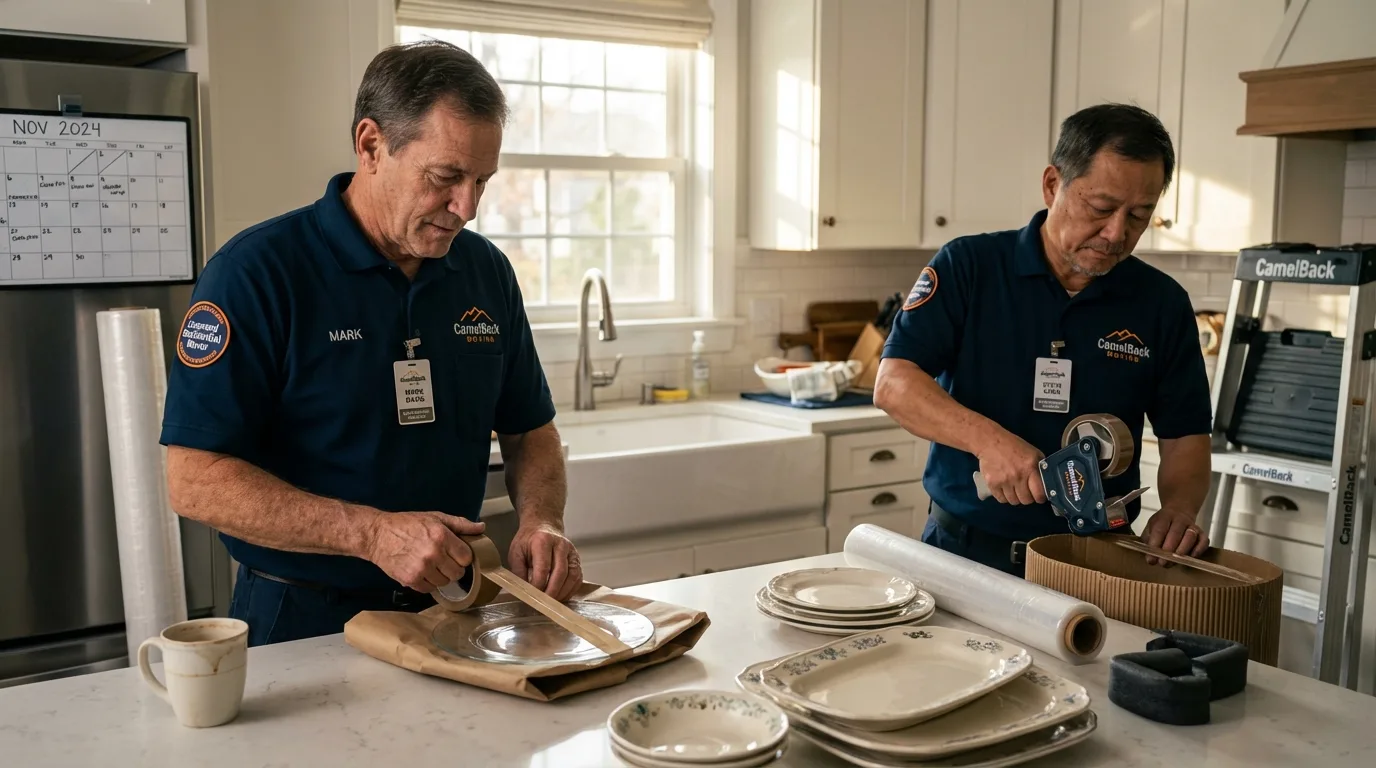 Professional crew packing kitchen dishware in Elwood, KS