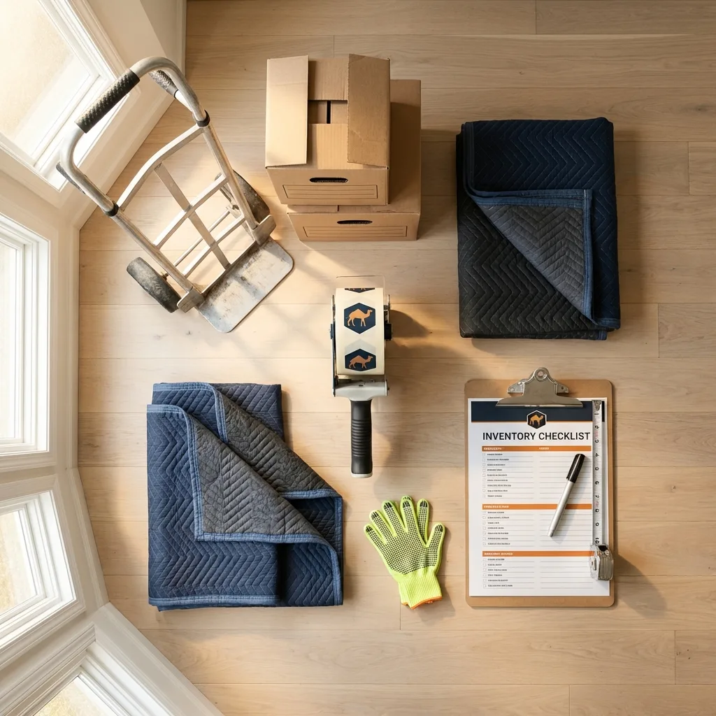 Professional moving supplies and packing materials layout for Elwood residential relocations